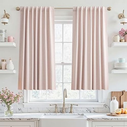 UHITECH Kitchen Curtains 45 Inch Length 2 Panels Set for Small Windows Cafe Curtain 52 Inches Pink for Girls Room Modern Thermal Linen Black Out Drapes for Bathroom Over Sink