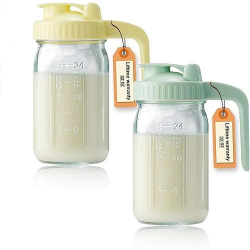 32oz Glass Pitcher with Lid & V-shaped Pour Spout - 1 Quart Double Leak Proof, Creamer Container for Sun Tea, Juice, Cold Brew Coffee, Breastmilk Storage Container