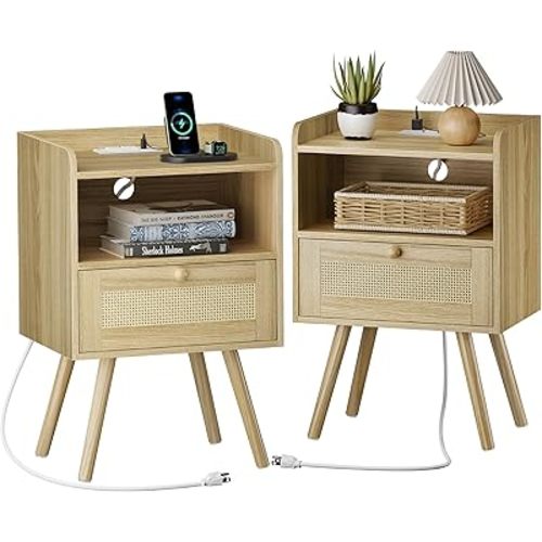 SUPERJARE Nightstands Set of 2, Night Stands with Charging Station & PE Rattan Decor Drawer, Bed Side Tables with Solid Wood Feet, End Table, for Bedroom, Living Room - Natural