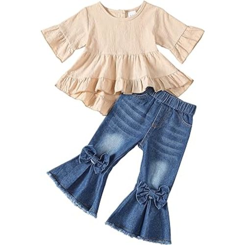 Kucnuzki Toddler Baby Girls Clothes Short Sleeve Shirt Top Flare Denim Jeans 2 Piece Outfits For Girls Cute Clothing Set