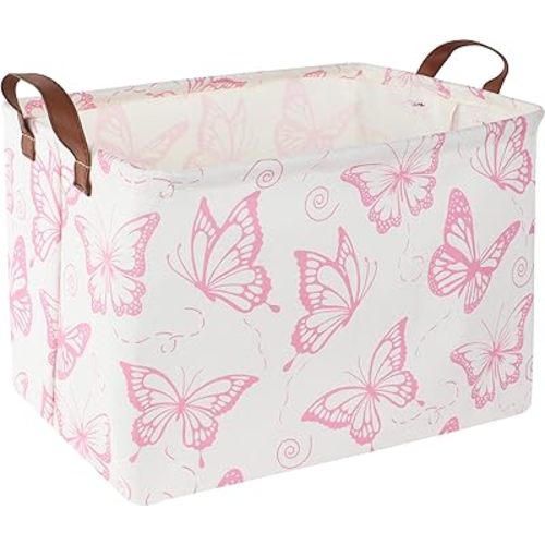 CLOCOR Pink Basket,Collapsible Cute Pattern Storage Bin,Waterproof Storage Box with Handles,Toy Gift Organizer,Shelf Basket(Pink Butterfly)