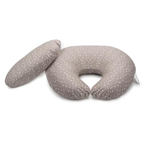 Dr. Mama's Organics Nursing Pillow with Lumbar Support - Ergonomic Design Helps Relieve Back Pain and Arm Fatigue - for Bottle and Breastfeeding - Removable Organic Cotton Cover - (Gray Stars)