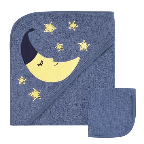 Hudson Baby Infant Boy Cotton Hooded Towel and Washcloth 2pc Set, Moon, One Size - Moon - One Size