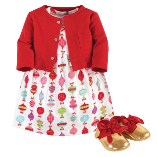 Little Treasure Baby Girl Cotton Dress, Cardigan and Shoe 3pc Set, Glitzmas, 6-9 Months