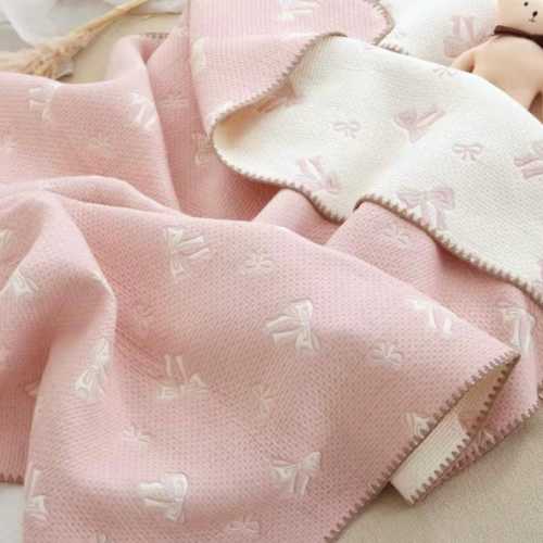 Organic Cotton Reversible Baby Blanket: Pink Cream Colors, Bow design, Soft Breathable