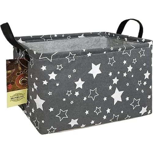 HUNRUNG Rectangle Storage Basket Cute Canvas Organizer Bin for Pet/Children Toys, Books, Clothes Perfect for Rooms/Playroom(REC-Grey star)