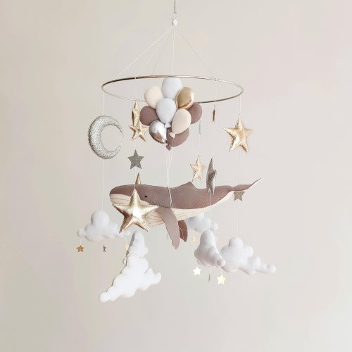 Whale Baby Mobile Boy - Grey Whale with Balloons Mobile for Nursery - Gender Neutral Mobile - Silver and Gold Crib Mobile - Mobile Ocean
