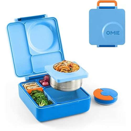 OmieBox Bento Box for Kids - Insulated Bento Lunch Box with Leak Proof Vacuum Insulated Food Jar - 3 Compartments, Two Temperature Zones (Blue Sky)
