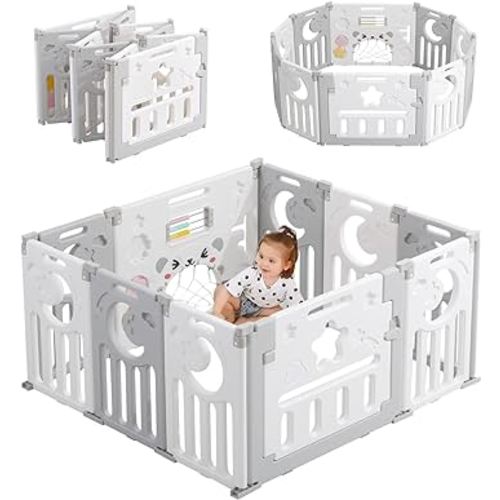 Dripex Baby Playpen, Foldable Playpen for Babies and Toddlers, Adjustable Shape Baby Fence, Safety Play Yard with Gate, Portable Play Area for Indoor or Outdoor (Grey+White,10 Panel)