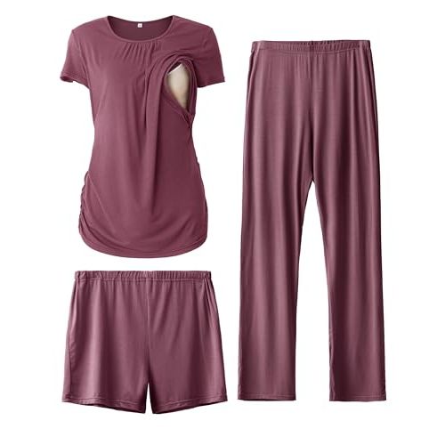 SUNNYBUY Womens Maternity Nursing Pajamas Set, Short Sleeve Breastfeeding Shirts，Pregnancy Shorts & Pants 3 Piece Nursing PJS