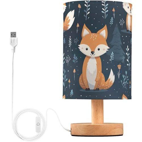 Bedside Lamp Cute Fox Animal Table Lamp with USB Port Wood Base for Living