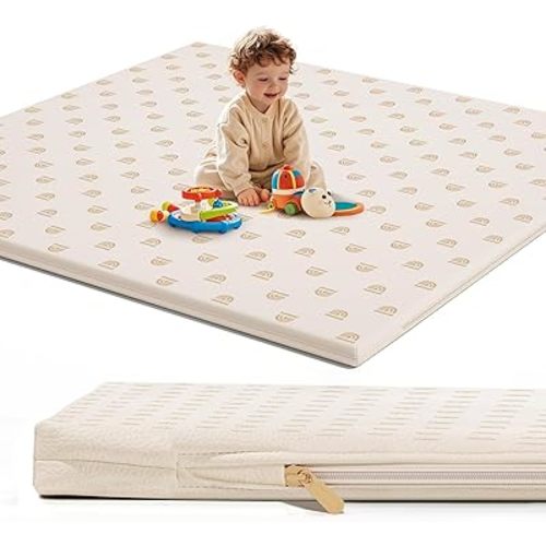 Padded Baby Play Mat for Floor: Extra Thicker Soft Waterproof PU Leather Infant Playmat for Babies Toddlers Kids Crawling Sit Play - Fits Nicely Into Playpen and Any Playroom Rainbow