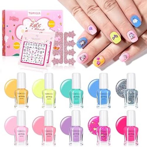 TOMICCA Kids Nail Polish Set, Non Toxic Quick Dry Water-Based Peel-Off 10 Colors Toddler Nail Polish Kit Natural Safe Quick Diy Nail Polish Gifts Kit for Girls Ages 5+