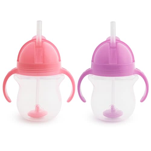 Munchkin Any Angle Sippy Cup for Toddlers, Weighted Straw Trainer Cup with Click Lock Lid, 7 Ounce, 2 Pack, Pink/Purple