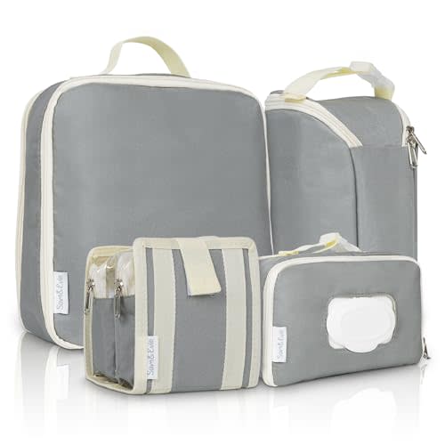 Sam & Evie Baby Diaper Bag Organizing Pouches - 4-Pack Diaper Bag Packing Cubes for Kids - Comes with Insulated Food Bag, Large Double Sided Bag, Diaper Wipe Pouch and First Aid Pouch for Travel