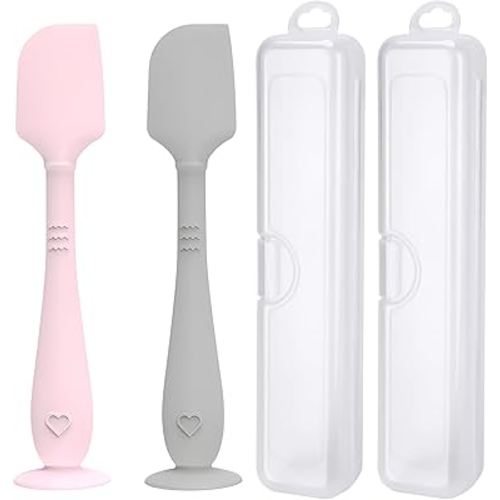 2 Pack Diaper Cream Spatula with Hygienic Travel Case, Butt Spatula Baby with Suction Base, Baby Butt Paste Spatula, Soft Silicone Diaper Rash Cream Applicator Large Size (Pink & Gray)