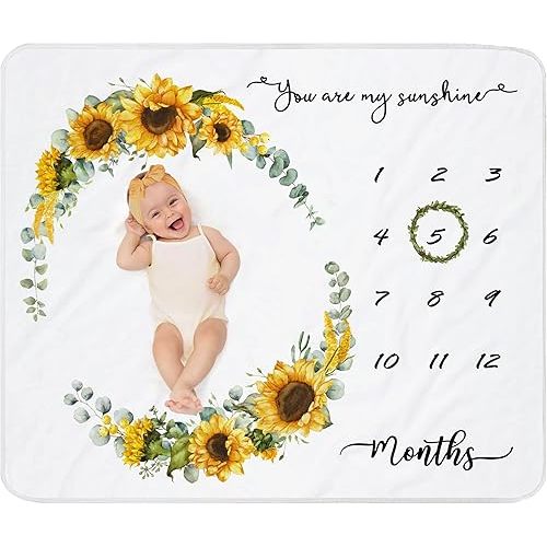 Baby Milestone Blanket for Baby Girl|Newborn Monthly Milestone Picture Blanket|Sunflower Nursery Decor|Baby Girl Photo Background Prop Blanket 45"x40" with Wreath and Headband