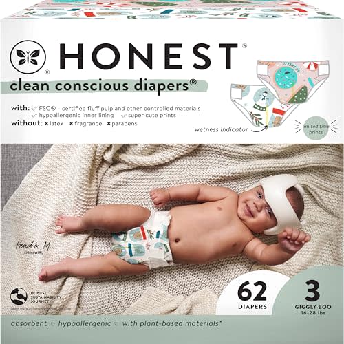The Honest Company Clean Conscious Diapers | Plant-Based, Sustainable | Winter '24 Limited Edition Prints | Club Box, Size 3 (16-28 lbs), 62 Count