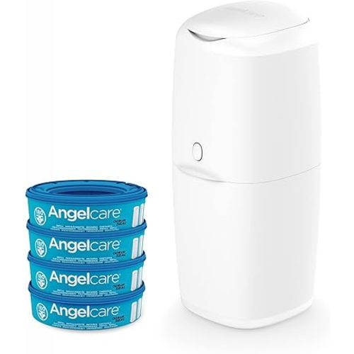 Angelcare Nappy Bin, Starter Kit, Includes 4X Refill Cassette with Air-Seal™ Technology, White