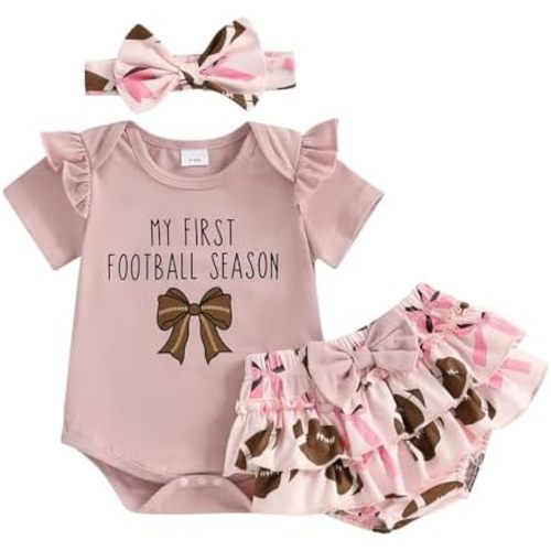 Baby Girl Football Outfit Game Day Bow Romper Rugby Layered Bloomers Shorts Boutique Summer Clothes+Headband