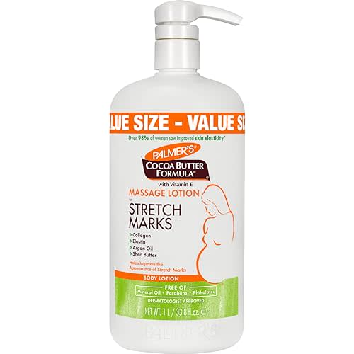 Palmer's Cocoa Butter Formula Massage Lotion For Stretch Marks, Pregnancy Skin Care, Belly Cream with Collagen, Elastin, Argan OIl and Shea Butter, 33.8 Ounces
