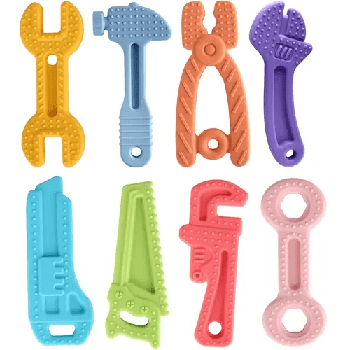 Fu Store 8 Pack Soft Silicone Teething Toys for 0-12Months 6-24 Months Toddlers Infant Hammer Tools Shape Baby Teethers Relief Soothe Babies Gums Set