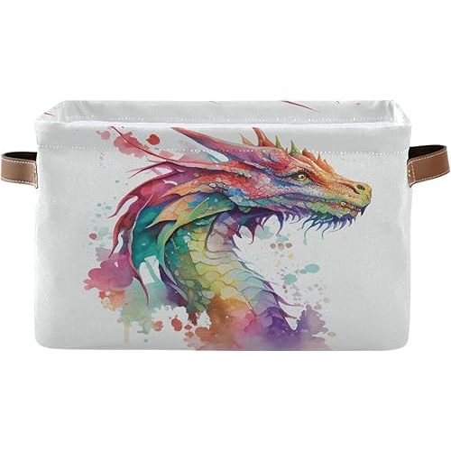 Large Storage Basket Watercolor Dragon Cube Storage Bin Canvas Fabric Organizer Handles Collapsible for Clothes Toys Bedroom Decorative