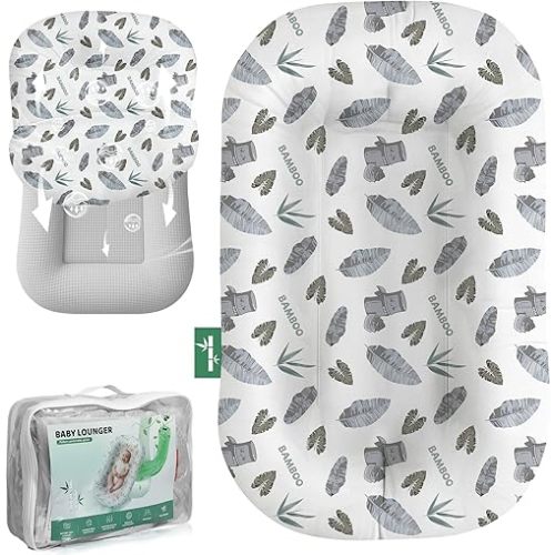 Baby Lounger for Newborn - Infant Lounger 0-24 Months with Lounger Cover, Cooling Baby Nest Lounger, Breathable Waffle Fabric & 3D Support, Portable Newborn Essentials for Baby Shower Gifts, Gray