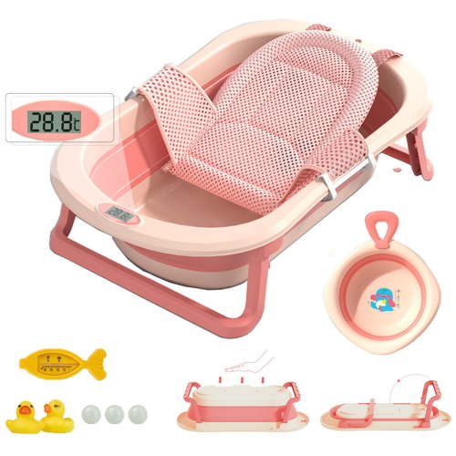 Pink Collapsible Baby Bath Tub - Cushioned, with Drain Hole & Thermometer, Portable