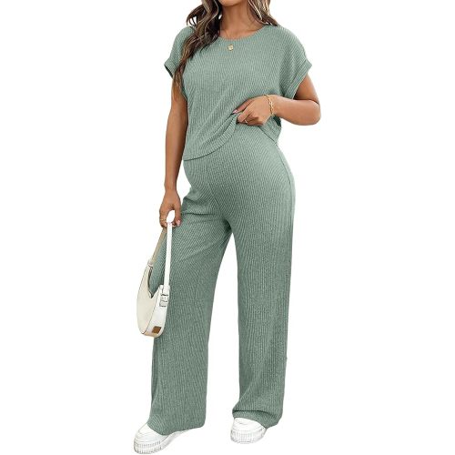 BLENCOT Maternity Sets Summer Ribbed Knit Pajamas Outfits Green L