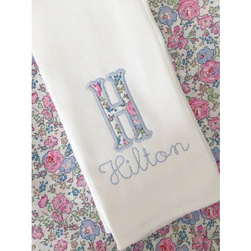 Monogrammed Appliqué Burp Cloth or Bloomer or Bib Embroidered Liberty