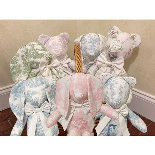 Toile Teddy Bear, Toile Bunny, Stuffed Animal Bear, Stuffed Toy, Personalized Stuffed Animal, Personalized Baby Gift, Monogrammed Bear