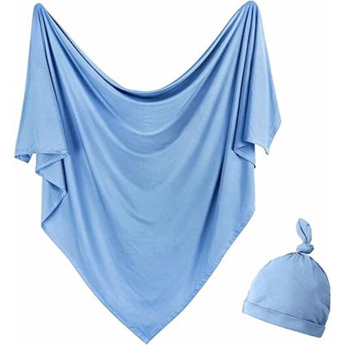 Newborn Swaddle Blanket with Hat Set Baby Swaddle Set Hospital Receiving Blankets for Girls Boys(Steel Blue,35"*35")