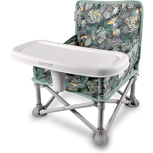 Summer by Bright Starts Pop 'N Sit Portable Booster Chair for 6 Mos - 3 Yrs, Floor Seat, Indoor/Outdoor Use, Compact Fold, Jungle Botanical