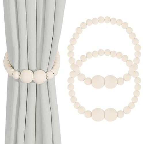 Magnetic Curtain Tiebacks, 2 Pack Curtain Holdbacks for Draperies, Wood Bead Curtain Tiebacks, Elegant Curtain Tie Backs for Bedroom Decor, Boho Room Decor, Nursery Decor, Farmhouse Decor