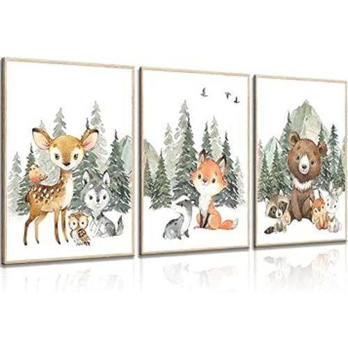 3Pcs Woodland Animal Nursery Canvas Wall Art Forest Adventure Theme Animals Picture Posters Wall Decor Cute Watercolor Deer Bear Fox Painting Print Artwork for Kids Baby Bedroom Decor 16x24in Unframed