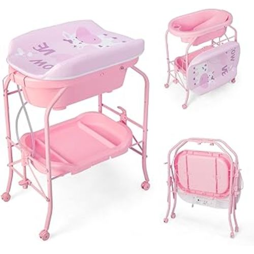 HONEY JOY Baby Changing Table with Bathtub, Foldable Infant Diaper Changing Station with Wheels, Storage Tray, Waterproof Pad, Portable Newborn Nursery Organizer Bath Stand for Boys Girls (Pink)