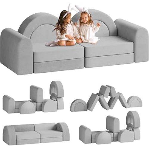 MOOITZ Modular Kids Play Couch, 10pcs Kids Play Couch for Playroom Bedroom, Convertible Modular Toddler Couch, Creative Kids Foam Sofa for Boys and Girls-Grey, Large