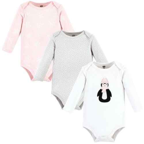 Hudson Baby Infant Girl Cotton Long-sleeve Bodysuits, Pink Penguin 3-pack, 0-3 Months