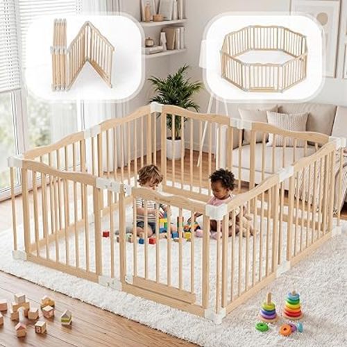 Foldable Wooden Playpen - Adjustable Wood Baby Play Yard with Child-Proof Lock, Indoor Large Safety Fence for Babies and Toddlers - Easy Assembly, 55 x 55 x 24 inches, Nature Nest