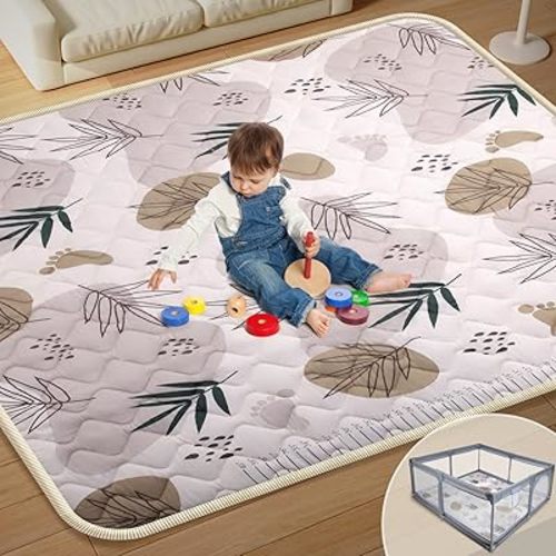 74x50 Playpen Mat Foam, Soft Baby Playpen Mat for Floor Playing, Foldable One-Piece Crawling Mat for Indoor Outdoor, Playmat for Kids Toddlers Infants, Gifts for Boys Girls, Boho Leaf