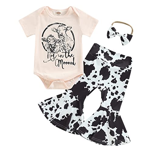 Lefyira Cow Print Bell Bottoms Outfits Toddler Girl Short Sleeve Romper Rib Knit Button Bodysuit Flare Pants Clothes Summer