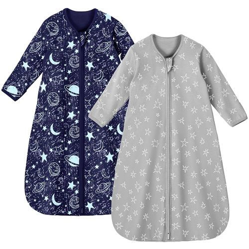 Baby Sleep Sack 0-6 Months 100% Cotton Long Sleeve Wearable Blanket Baby Sleep Bag with 2-Way Zipper 2 Pack 0.5 Tog Sleeping Sack for Newborn Infant Blue Grey Planet
