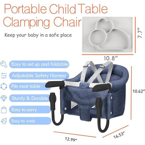 Hook On Chair, Safe and High Load Design, Fold-Flat Storage and Tight Fixing Clip on Table High Chair, Machine-Washable and Avoid Cracking Fabric, Removable Seat Cushion, Fast Table Chair - Blue
