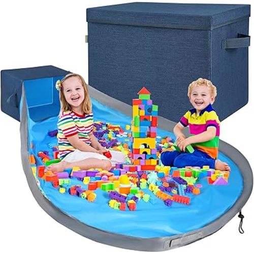 Voova Toy Storage Organizer and Play Mat- 2-in-1 Toy Storage Chest Bin for Kids, Stackable and Foldable Cube Toy Basket Box for Boys & Girls, Large Building Blocks Storage Holder for Playroom,Blue