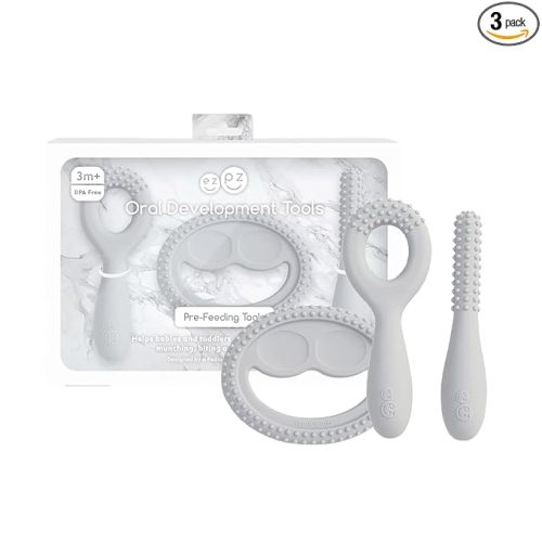 ezpz Oral Development Tools (3 Pack in Pewter) - 3 Months+ - Non-Slip Loop, Smile and Stick 100% Silicone Tools - Prepare for Chewing + Solids - Baby-Led Weaning Supplies