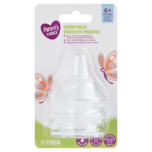 Parent's Choice Wide Neck Silicone Nipples, 6+ Months, 3 Pack