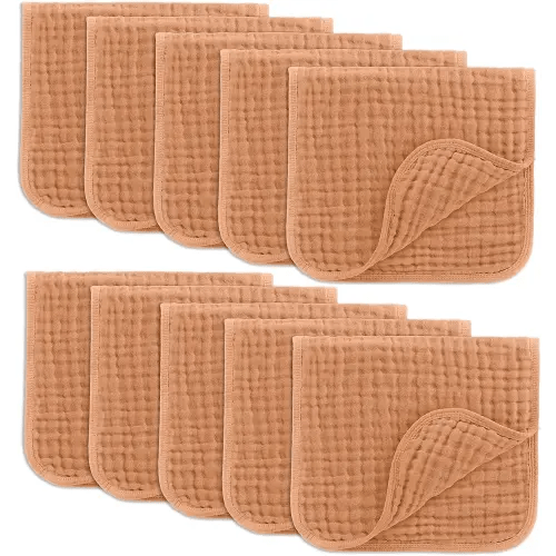 Comfy Cubs Muslin Burp Cloths 20" x 10", Pack of 10 - Large, 6-Layer, Ultra Absorbent 100% Cotton for Baby Drool and Messes - Soft, Safe & Gentle Baby Burp Cloths for Boys & Girls - Caramel