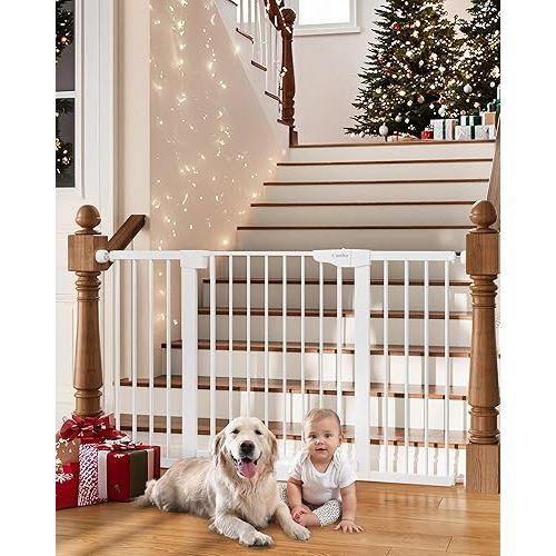 Cumbor 29.7-54.2" Wide Baby Gate for Stairs, Mom's Choice Awards Winner-Self Closing Dog Gate Indoor for Doorways, No Drilling Pressure Mounted Pet Gates for Kids, Easy Walk Through Safety Gate, White