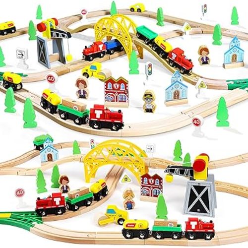 TOY Life Wooden Train Set 60pcs with Magnetic Crane, Wooden Train Tracks Toys for Toddlers Boys Girls 3 4 5, Wood Toys Toddler Train Gift for Kids 4-8, Fits Thomas Brio Chuggington Train Track Set